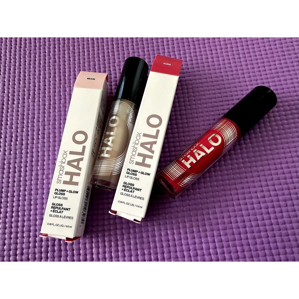New 2-Piece Smashbox Halo Plump + Glow Lip Gloss Set: Shades Beam & Aura